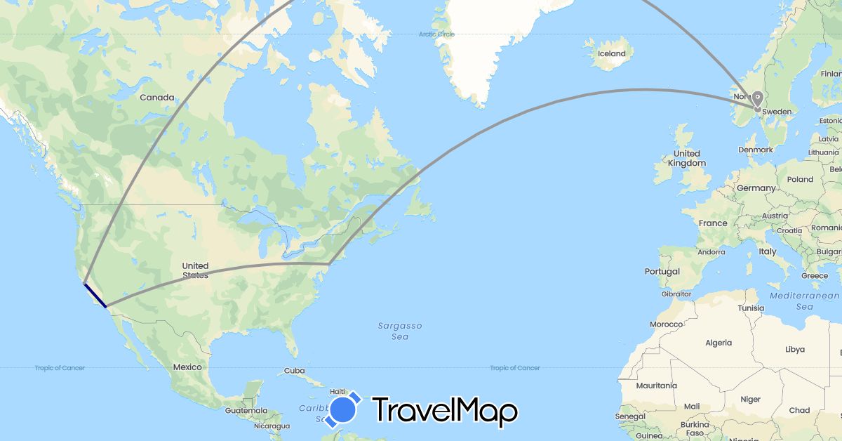 TravelMap itinerary: driving, plane in Norway, United States (Europe, North America)